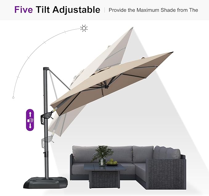 PURPLE LEAF 8 Feet Outdoor Square Cantilever Umbrella Patio Umbrella with Base Aluminum Offset Umbrella with 360-degree Rotation for Garden Deck Pool Patio Taupe - Image 7