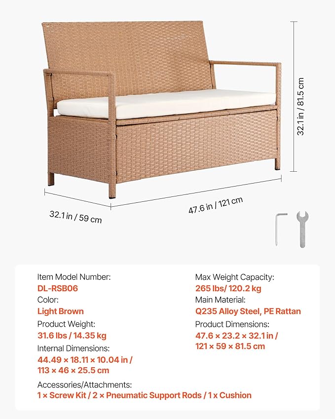 VEVOR Outdoor Storage Bench, 2-Person PE Rattan Storage Bench, 70 Gal Deck Box with Cushion, Supports up to 265 lbs, Weatherproof Outdoor Seating & Porch Decor for Patio Garden Balcony Yard - Image 3
