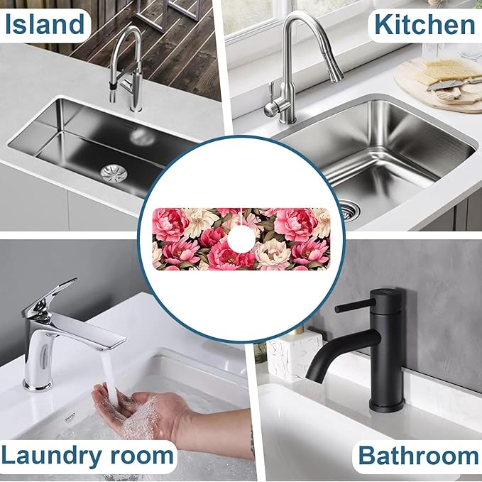 Garden Flowers Sink Splash Guard Faucet Mat Watercolor Peonies Super Absorbent - Image 7