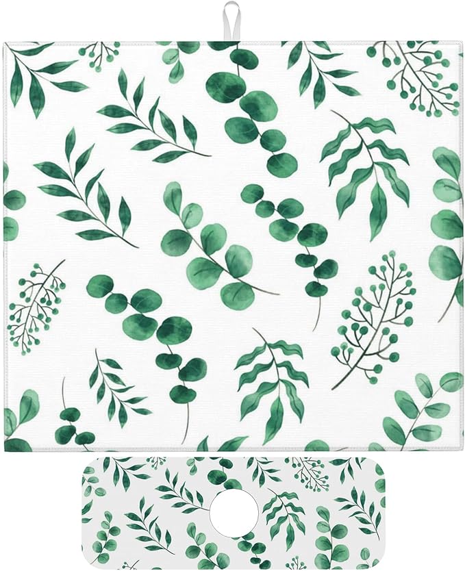Watercolor Plant Green Leaves Dish Drying Mat by Unknown