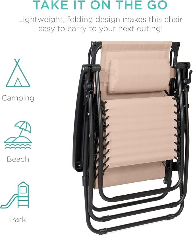 Best Choice Products Folding Zero Gravity Outdoor Recliner Patio Lounge Chair w/Adjustable Canopy Shade, Headrest, Side Accessory Tray, Textilene Mesh - Sand - Image 8