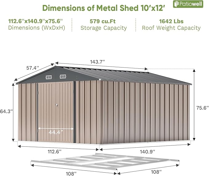 Patiowell 10 x 12 FT Metal Storage Shed for Outdoor with Floor Frame, Steel Yard Shed with Design of Lockable Doors, Utility and Tool Storage for Garden, Backyard, Patio, Outside use,Brown - Image 3
