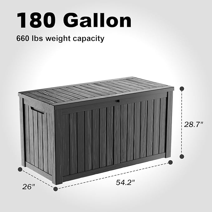 ROJIK 180 Gallon Outdoor Storage Box Waterproof-Patio Furniture Resin Deck Box, Garden Tools, Cushions, Pool Accessories Storage Bench with Lockable Lid and Side Handles (Black, 180 Gal) - Image 2
