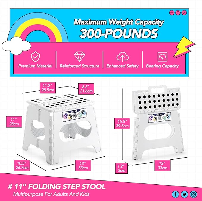 Delxo Folding Step Stool,11 Inch Non-Slip Foldable Step Stools for Kids and Adults,Portable Foldable Step Stool Lightweight Small Folding Stool with Handle for Kitchen Bathroom in White,1 Pack - Image 5