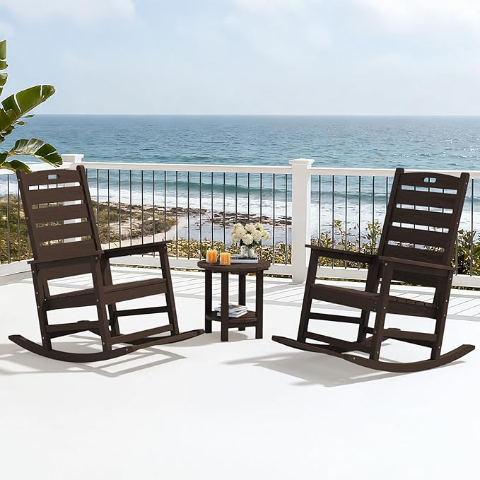SERWALL Outdoor Rocking Chair, Oversized Rocking Chair with Footrest for Adults, HDPE All Weather Resistant Rocking Chairs for Patio, 350lbs Weight Capacity, Coffee - Image 8