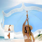 PHI VILLA 7ft Beach Umbrella with Fringe & Sand Anchor, Outdoor Patio Heavy Duty Windproof Portable Tassel Umbrellas for Sand with Push Button Tilt & Carrying Bag, UPF 50+, Light Blue (No Base) - Image 4