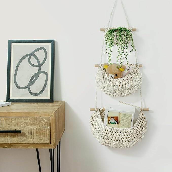 Hanging Fruit Basket, 3 Tier Over The Door Organizer, Handmade Woven Cotton - Image 6