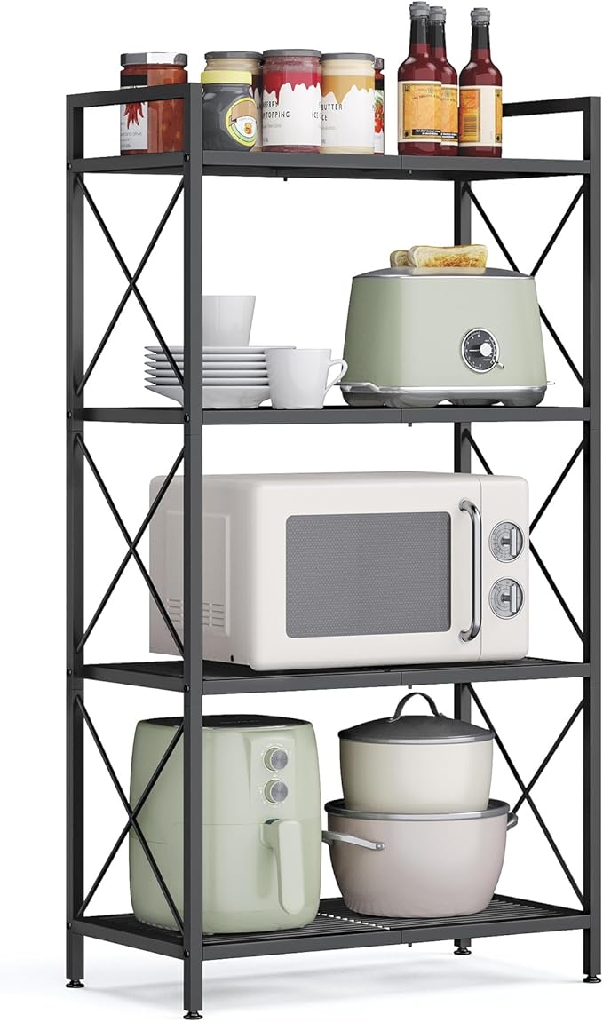 SONGMICS 4-Tier Metal Storage Rack, Shelving Unit with X Side Frames, Dense Mesh, 12.6 x 23.6 x 44.3 Inches, for Entryway, Kitchen, Living Room, Bathroom, Industrial Style, Ink Black UBSC164B01 by SONGMICSbySONGMICSHOME