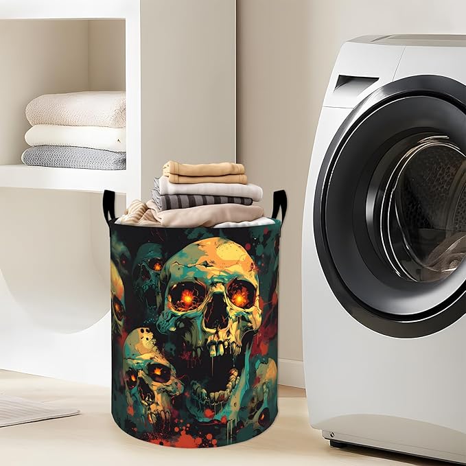 Fiery Skull with Glowing Eyes Laundry Basket with Handles, 19.7"x15.7" Clothes - Image 2