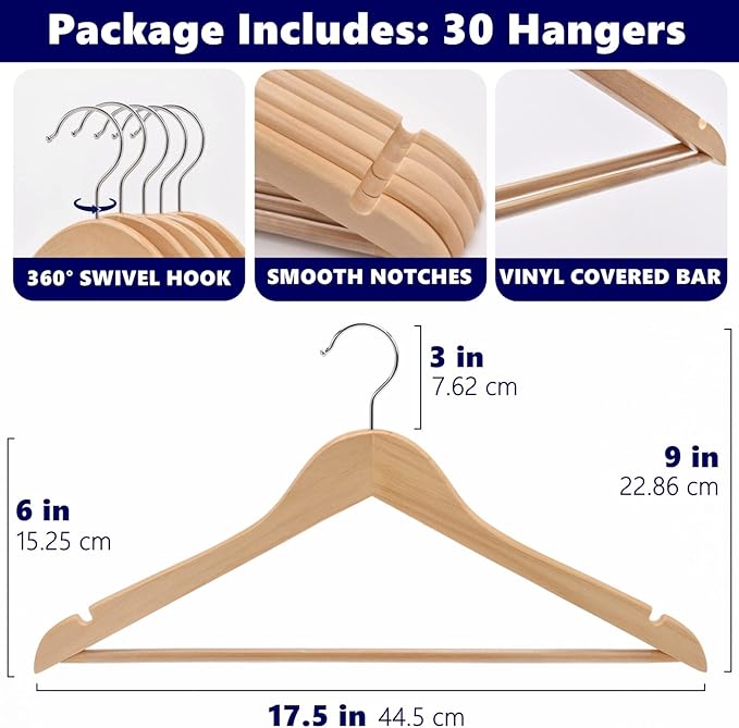 Amber Home 30 Pack Wooden Coat Hangers, Natural Wood Suit Hangers - Image 2