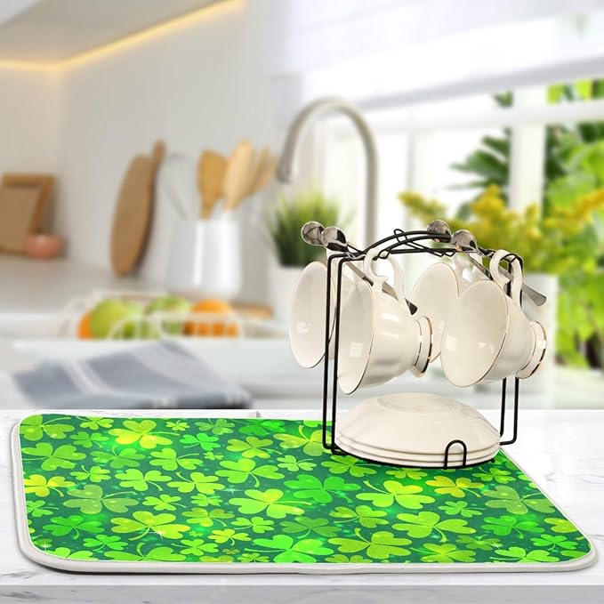 Qilmy St. Patrick's Day Shamrock Dish Drying Mat Water Absorption Tableware - Image 5