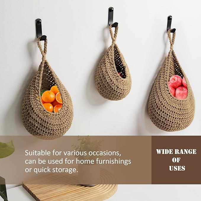 Hanging Fruit Large Basket Set of 3, Boho Wall Hanging Storage Basket - Image 6