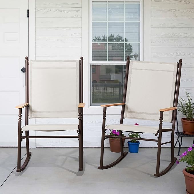Shintenchi 2 Pcs Outdoor Rocking Chairs Set,Upgraded High Back Patio Rocking Chairs Set,Breathable Textilene Fabric Rocking Chair for Porch,Patio,Garden,Balcony,Creamy White - Image 6