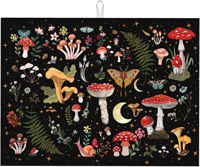 Mushroom Dish Drying Mat for Kitchen Counter 18"x24" Moth Gothic Witchy Dishes by Unknown