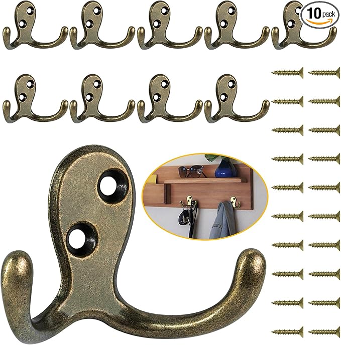 10 Pack Coat Hooks, Heavy Duty Double Prong Coat Hooks Wall Mounted by Homanu