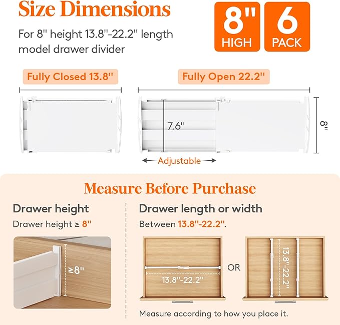 Lifewit 8" Tall 6 Pack Drawer Dividers, 35-56.5cm/13.8-22.2" Expandable Drawer - Image 3