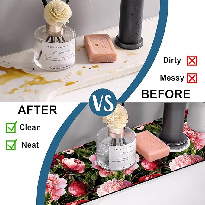 Blooming Peony Sink Splash Guard Pink Peony Flowers Faucet Absorbing Mat Fast - Image 6