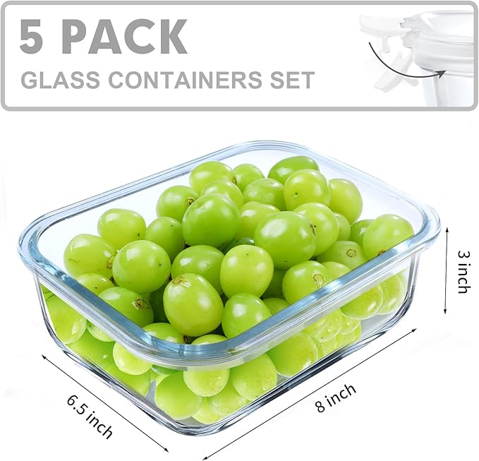 VERONES 5 Pack 36 OZ Glass Meal Prep Containers, Airtight Glass Lunch - Image 2