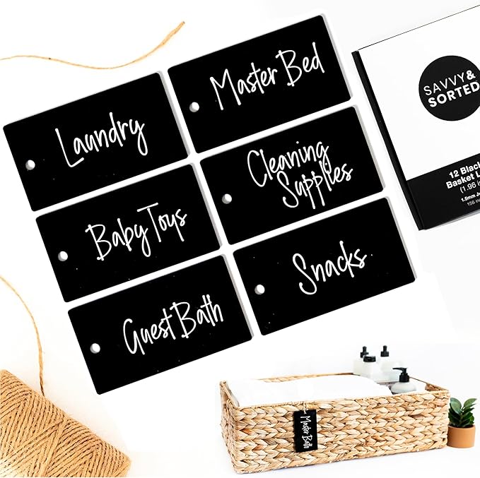 SAVVY & SORTED 12 Black Basket Tags 3.5” x 2”, Acrylic Hanging Tags by SAVVYSORTED%C2%AE