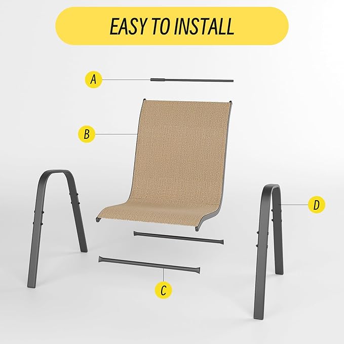 Betterhood Patio Chairs Set of 6, Stackable Outdoor Dining Chairs Set with Breathable Seat Fabric, All-Weather Powder-Coated Metal Frame for Deck, Pool Side and Backyard, 350LBS Capacity (Khaki) - Image 5