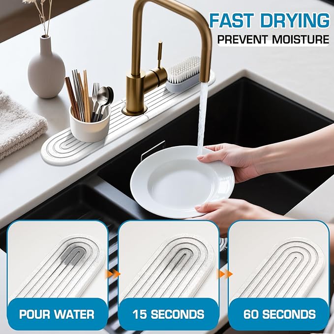 White-Oval 15.7" Diatomite Kitchen Faucet Mat & Stone Sink Tray – Quick Drying - Image 3