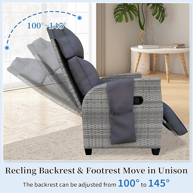 Wicker Outdoor Recliner | 145° Wicker Patio Reclining Chair with 4" Cushion | Air Pump Adjustable Backrest & Footrest, Flip-up Table & Side Pocket for Yard Patio Porch (Gray) - Image 4
