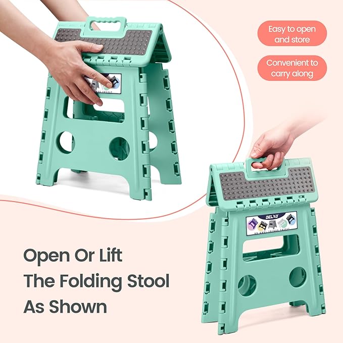 Delxo Folding Step Stool 13 Inch Non-Slip Foldable Stools for Kids & Adults Up to 300 LBS Kitchen Collapsible Fold Up Stepping Stool with Dotted 1 Pack Green - Image 8