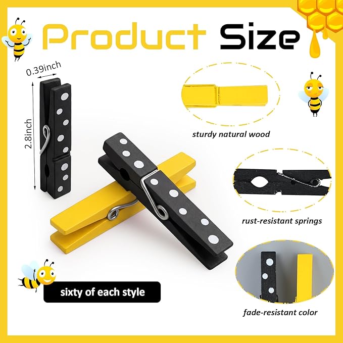 Weysat 120 Pcs Bee Festival Colored Clothes Pins 2.9 Wooden Funny Clothespins - Image 2