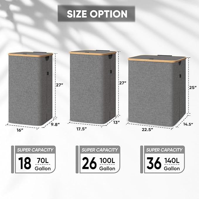 BALEINE Laundry Hamper with Lid, Tall Laundry Baskets with Bamboo Pull Handles - Image 2
