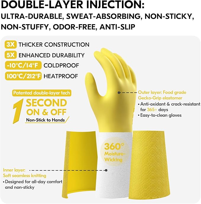 Vgo... Household Cleaning Gloves, Double-layer, Lined Dishwashing Gloves - Image 2