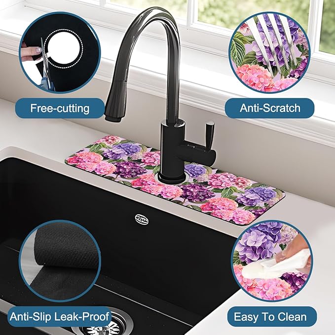 Colorful Hydrangea Sink Splash Guard Faucet Mat Purple Pink Hydrangea Super - Image 4