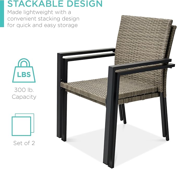 Best Choice Products Set of 2 Stackable Outdoor Wicker Dining Chairs All-Weather Firepit Armchair w/Armrests, Steel Frame for Patio, Deck, Garden, Yard - Taupe - Image 4
