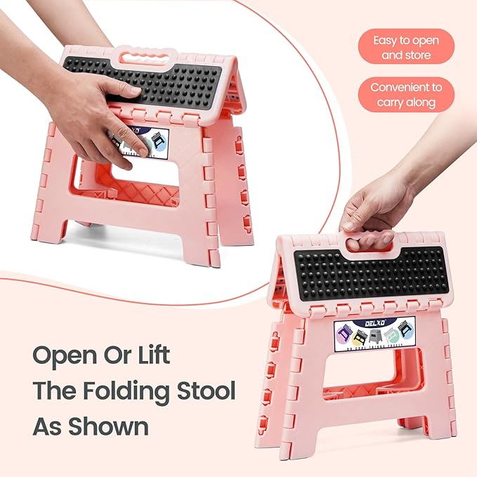 Delxo Folding Step Stool 9 Inch,Non-Slip Foldable Stools for Kids & Adults Up to 300 LBS,Kitchen Collapsible Fold Up Stepping Stool with Dotted 1 Pack,Pink - Image 5