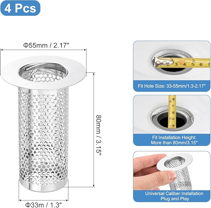 uxcell 4 Pack Shower Drain Strainer, 3.2" x 2.2" 304 Stainless Steel Floor - Image 2