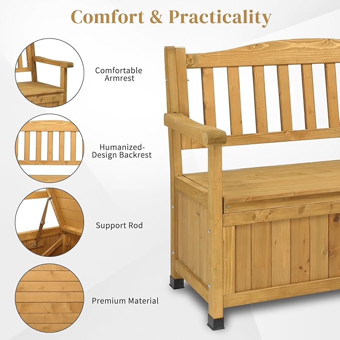 Outvita Outdoor Wood Storage Bench, Wooden Large Deck Box with Seating & Armrest, Waterproof Patio Organizer Loveseat for Garden Porch Deck Backyard Poolside(Yellow) - Image 3