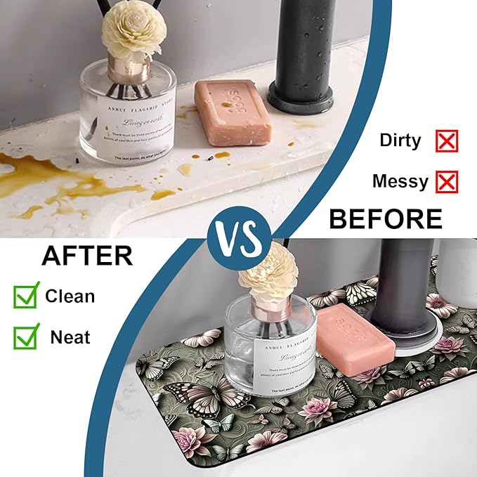 Cute Butterfly Sink Splash Guard Pink Flower Faucet Absorbing Mat Fast Drying - Image 6