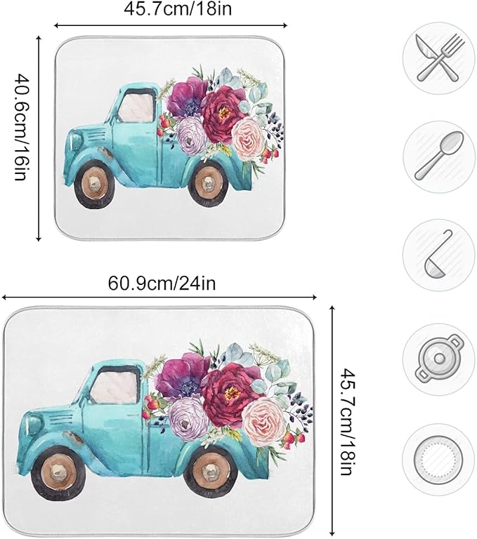 ALAZA Blue Trolley Truck Purple Rose Flower Dish Drying Mat - Image 3
