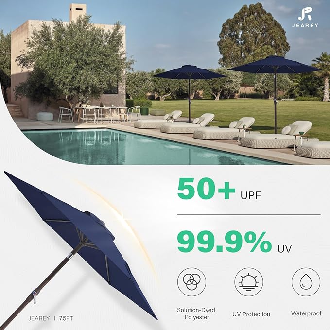JEAREY 7.5FT Patio Umbrella Outdoor Market Umbrella with 6 Sturdy Ribs, Push Button Tilt/Crank Table Umbrella for Garden, Deck, Backyard and Pool, Navy - Image 5