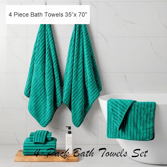 4 Pcs Blue Green Cabana Stripe Large Bath Towels 35"x70" Oversized Bath Sheet - Image 3