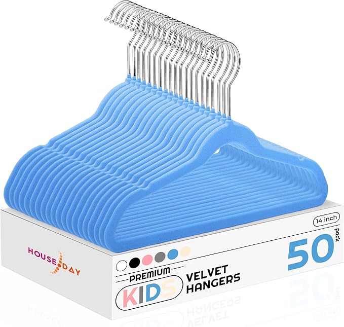 HOUSE DAY 14 Inch Kids Velvet Hangers 50 Pack, Durable Big Kids Hanger by HOUSEDAY