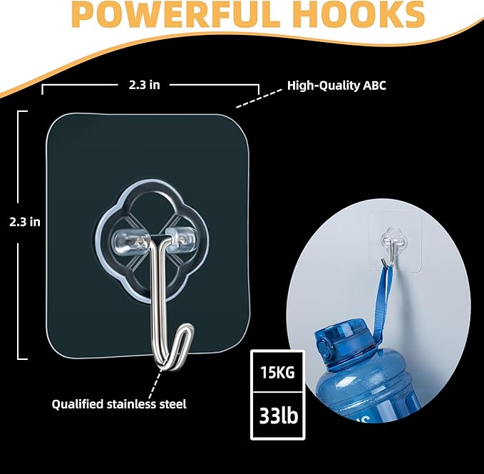 Adhesive Wall Hooks for Hanging, 50 Pack Heavy Duty Stainless Self Sticky Hooks - Image 2