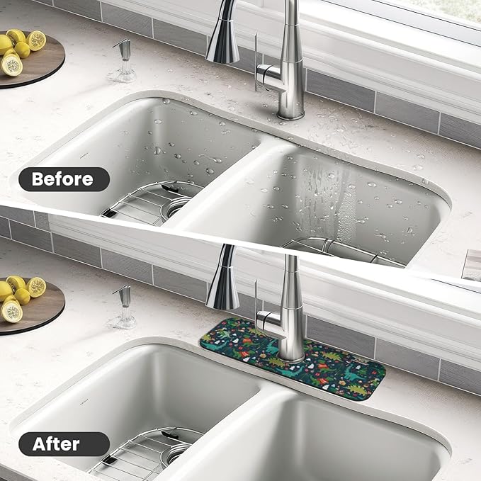 Christmas Dinosaur Tree Xmas Green Kitchen Sink Splash Guard Faucet Mat 1 Pcs - Image 4
