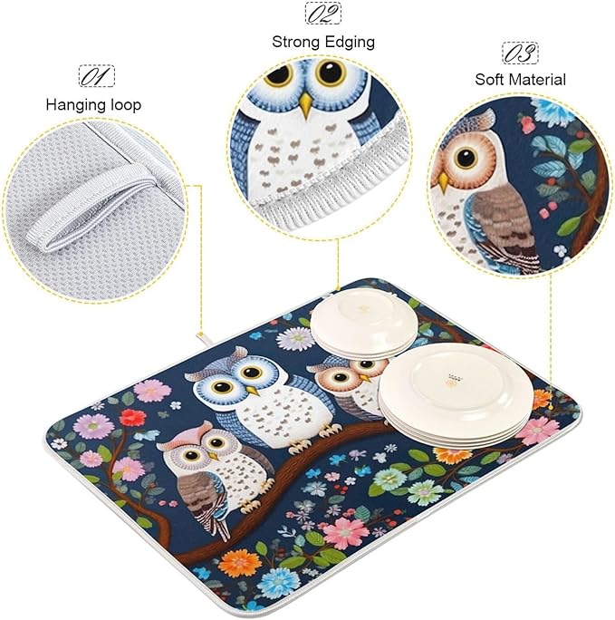 Dish Drying Mat Kitchen Counter Absorbent Three Owls Coffee Sink Mat Dish - Image 4