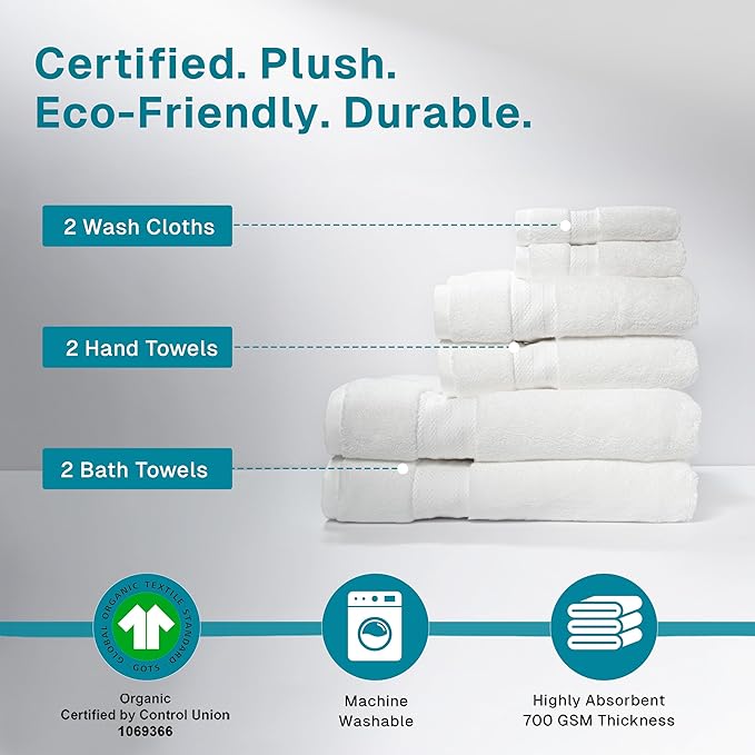 100% Organic Cotton Bath Towel Set | Bathroom Luxury Towel Set of 6 | GOTS - Image 3