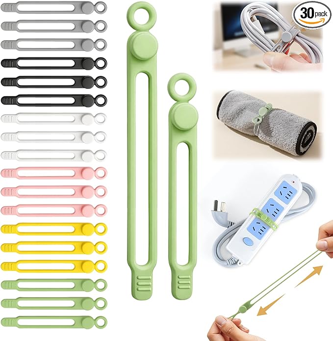 30 Pcs Silicone Cable Ties, Reusable Data Cable Organizer Wire Organizers by AWROSE