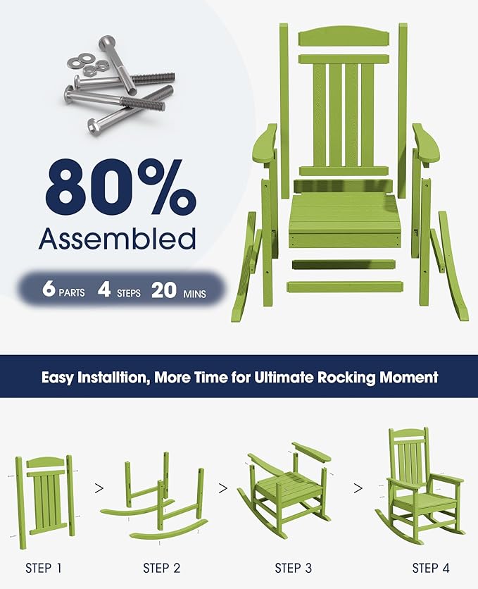 KINGYES HDPE Outdoor Rocking Chair Set of 4, All-Weather Poly Patio Rocking Chairs with 330lbs Support for Adults, Pistachio Green - Image 3