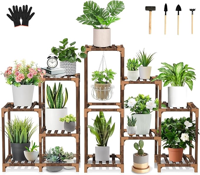 Uneedem Wood Plant Stand Indoor Outdoor Corner Plant Shelf Stand, 5 Tiered 10 Potted Flower Plant Stands for Indoor Plants Multiple, Plant Shelves Stands Rack for Living Room, Patio, Balcony by Uneedem