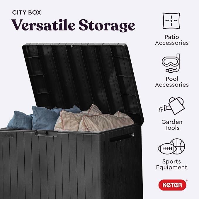 Keter City 30 Gallon Resin Outdoor Storage Box & Patio Side Table for Balcony, Pool, Deck & Garden Accessories, Weather‑Resistant, Dark Grey - Image 4