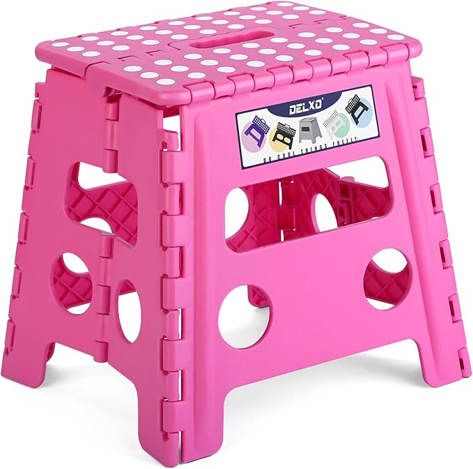 Delxo Folding Step Stool, 13 inch Non-Slip Foldable Stools for Kids & Adults Up to 300 LBS, Step Stool with Handle, Lightweight for Kitchen, Bathroom, Bedroom, Garden, Rose Pink, 1PC by Delxo