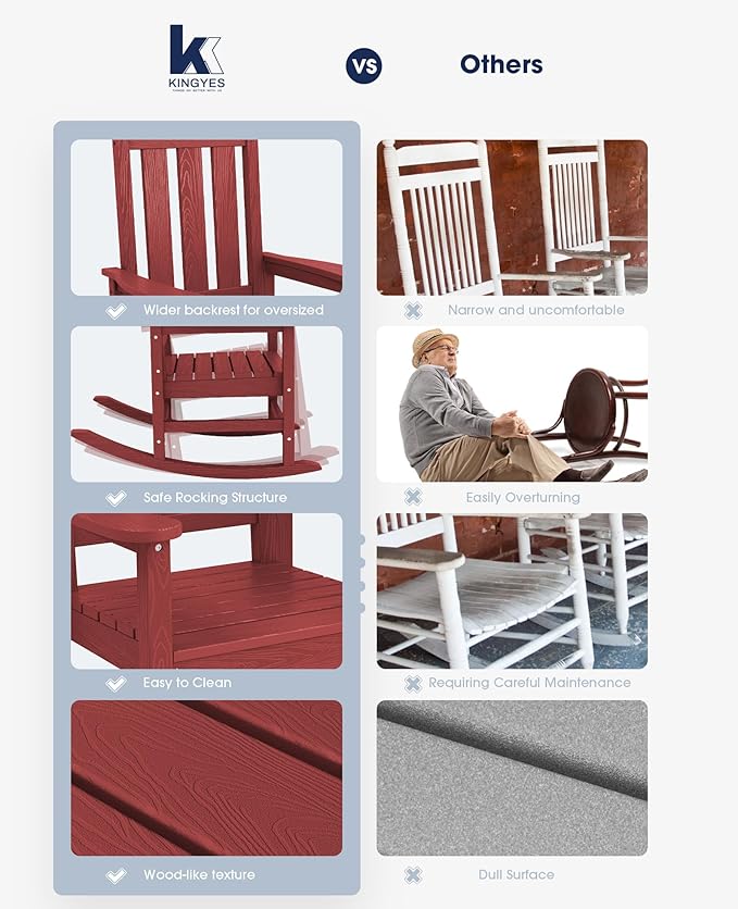 KINGYES Oversized Outdoor Rocking Chair Set of 4, All-Weather Patio Rocking Chairs for Porch, HDPE Outdoor Patio Rockers with High Back & Wide Seat for Garden, Lawn, Red - Image 8